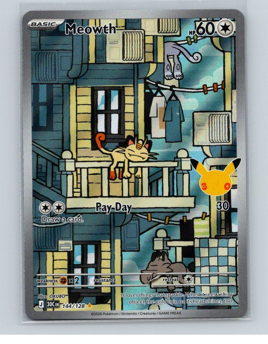 Meowth Illustration Rare ME: 30th Celebration 144/128 NM
