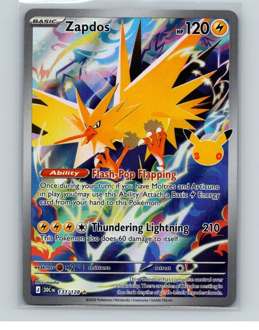 Zapdos Holo Illustration Rare ME: 30th Celebration 133/128 NM
