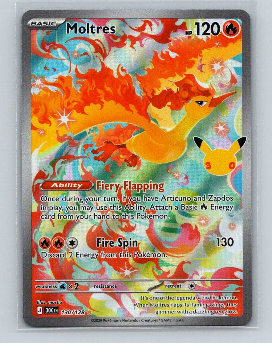 Moltres Holo Illustration Rare ME: 30th Celebration 130/128 NM